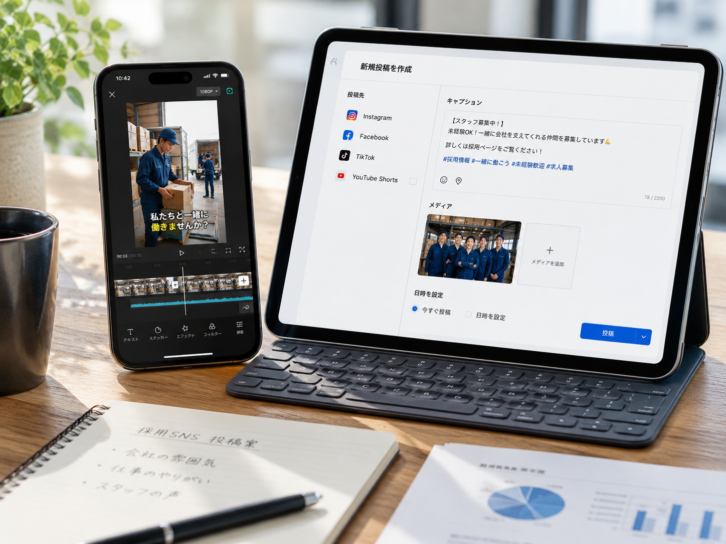 スマホとタブレットで採用SNS投稿を作成・予約している様子