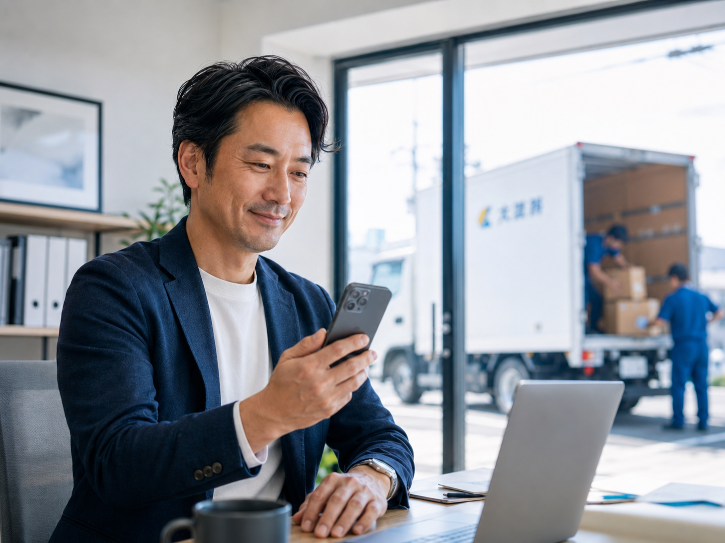 配送業の小さな会社の社長がスマートフォンでSNS投稿を確認している様子